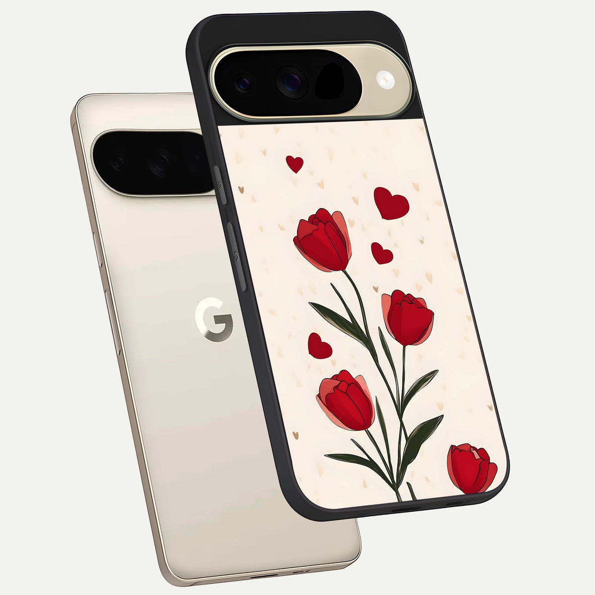  Tulip With Heart phone case For Google Pixel 9 showing premium glass back cover with detailed artwork