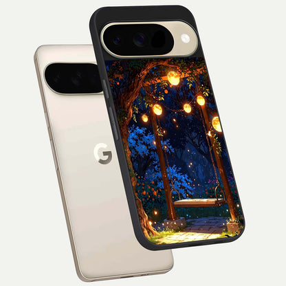  Twilight Garden Swing phone case For Google Pixel 9 showing premium glass back cover with detailed artwork