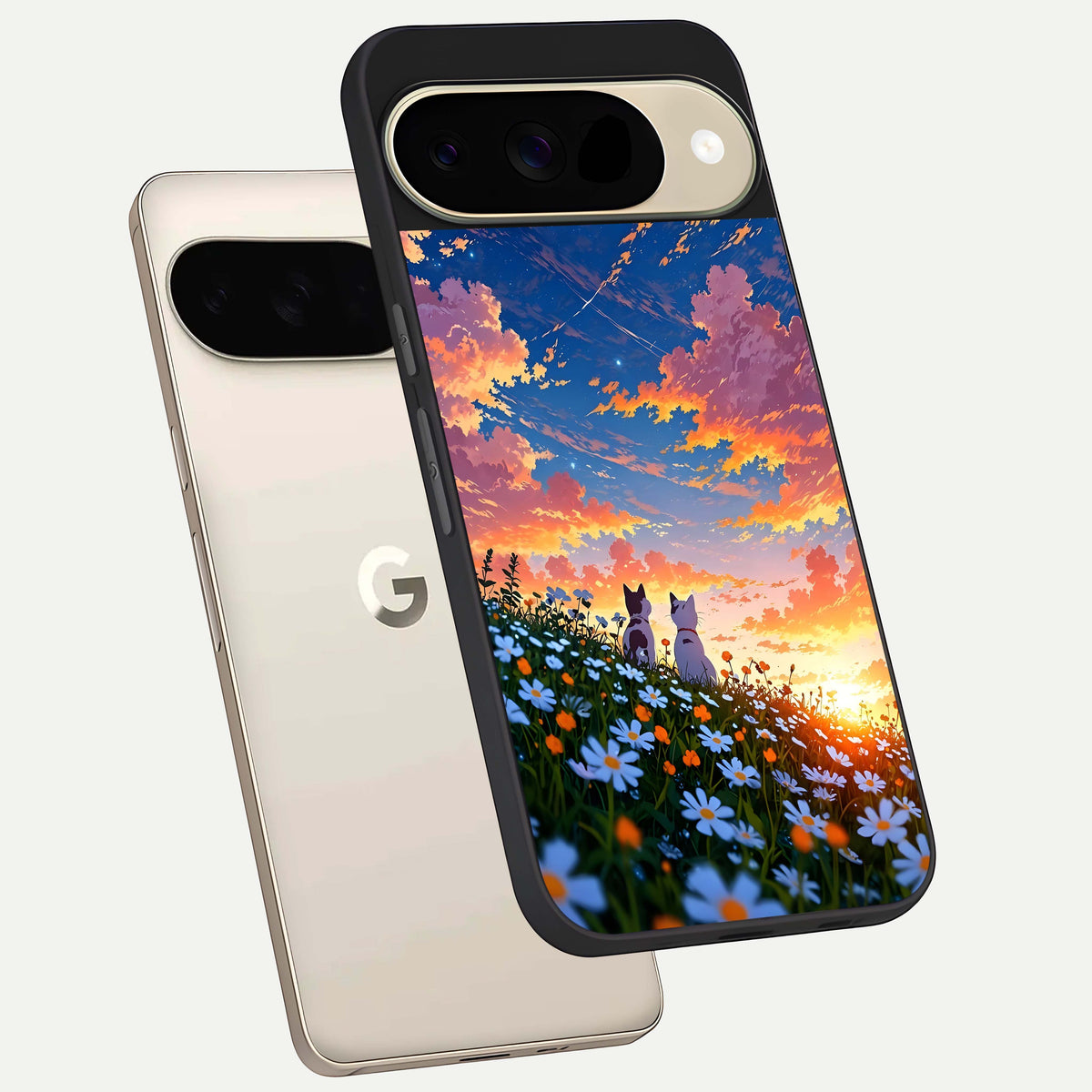  Two Cats Friends phone case For Google Pixel 9 showing premium glass back cover with detailed artwork