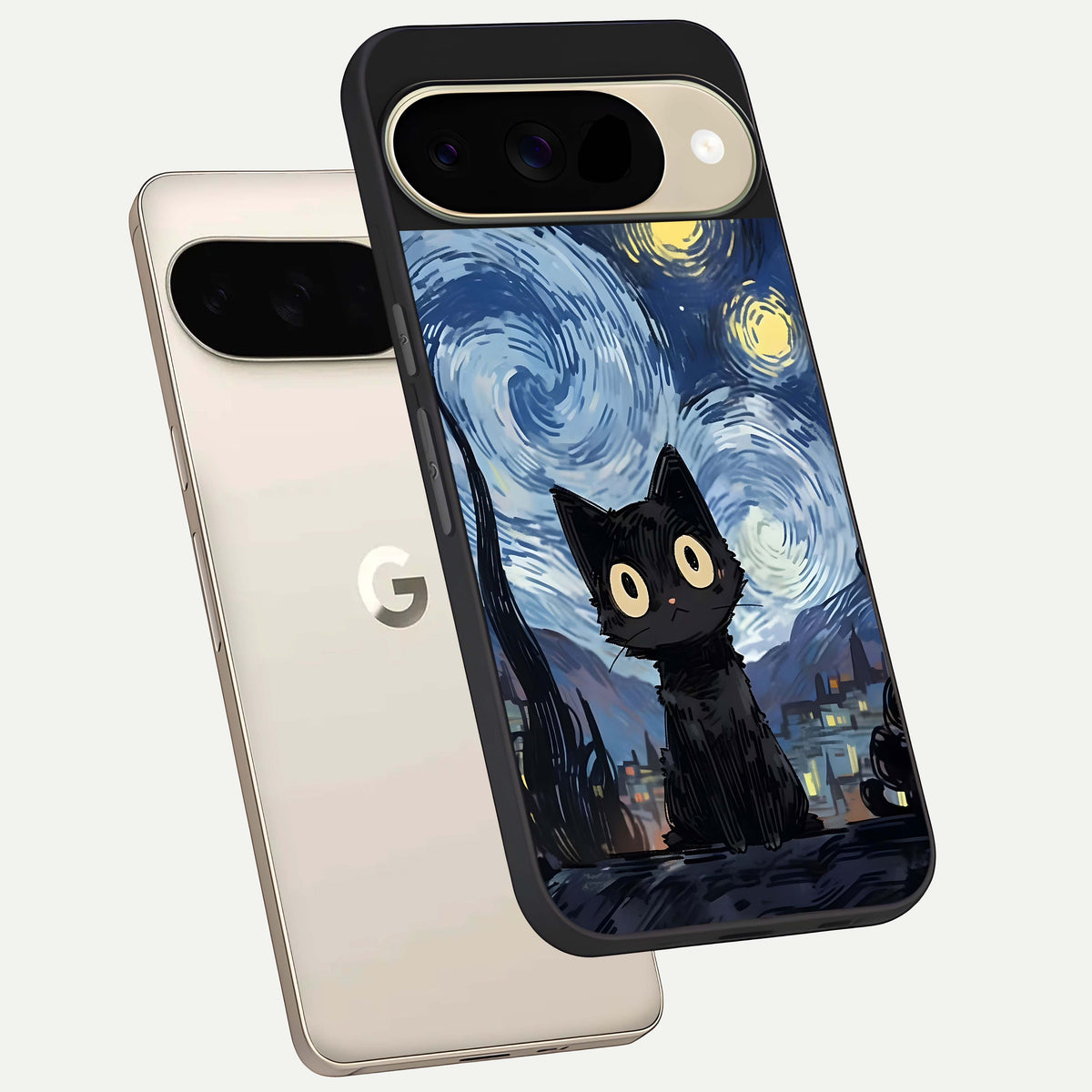  Van Gogh Cat phone case For Google Pixel 9 showing premium glass back cover with detailed artwork