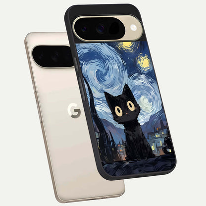  Van Gogh Cat phone case For Google Pixel 9 showing premium glass back cover with detailed artwork