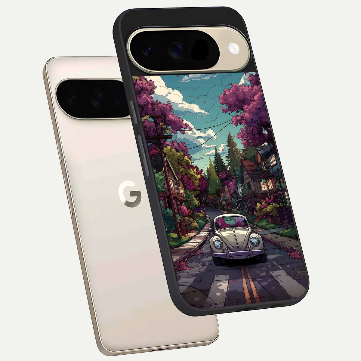  Vintage Street Drive phone case For Google Pixel 9 showing premium glass back cover with detailed artwork