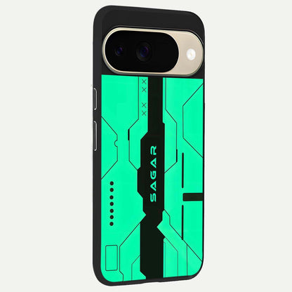  Aqua Tech CYBERPUNK Custom Name back cover For Google Pixel 9 slim fit glass case with vibrant aesthetic design