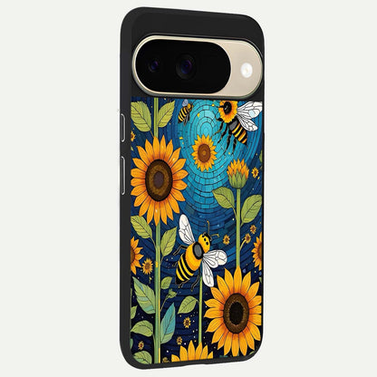  Bees And Sunflowers back cover For Google Pixel 9 slim fit glass case with vibrant aesthetic design