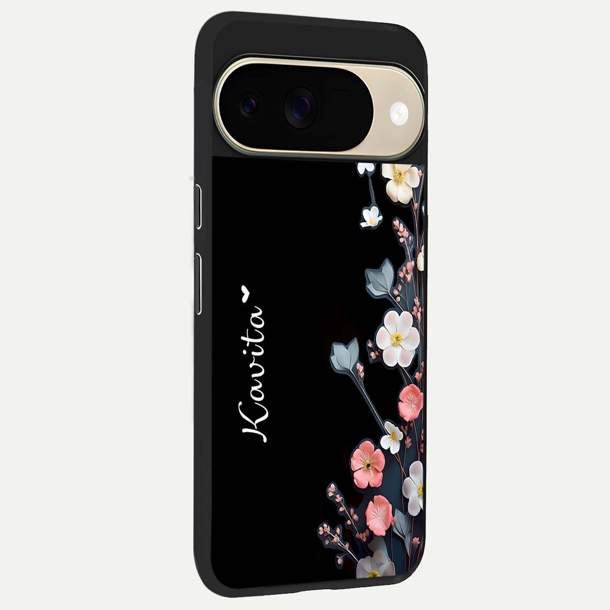  Black Elegance Floral Custom Name back cover For Google Pixel 9 slim fit glass case with vibrant aesthetic design