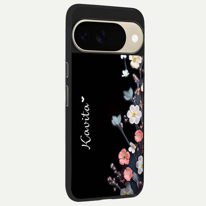  Black Elegance Floral Custom Name back cover For Google Pixel 9 slim fit glass case with vibrant aesthetic design