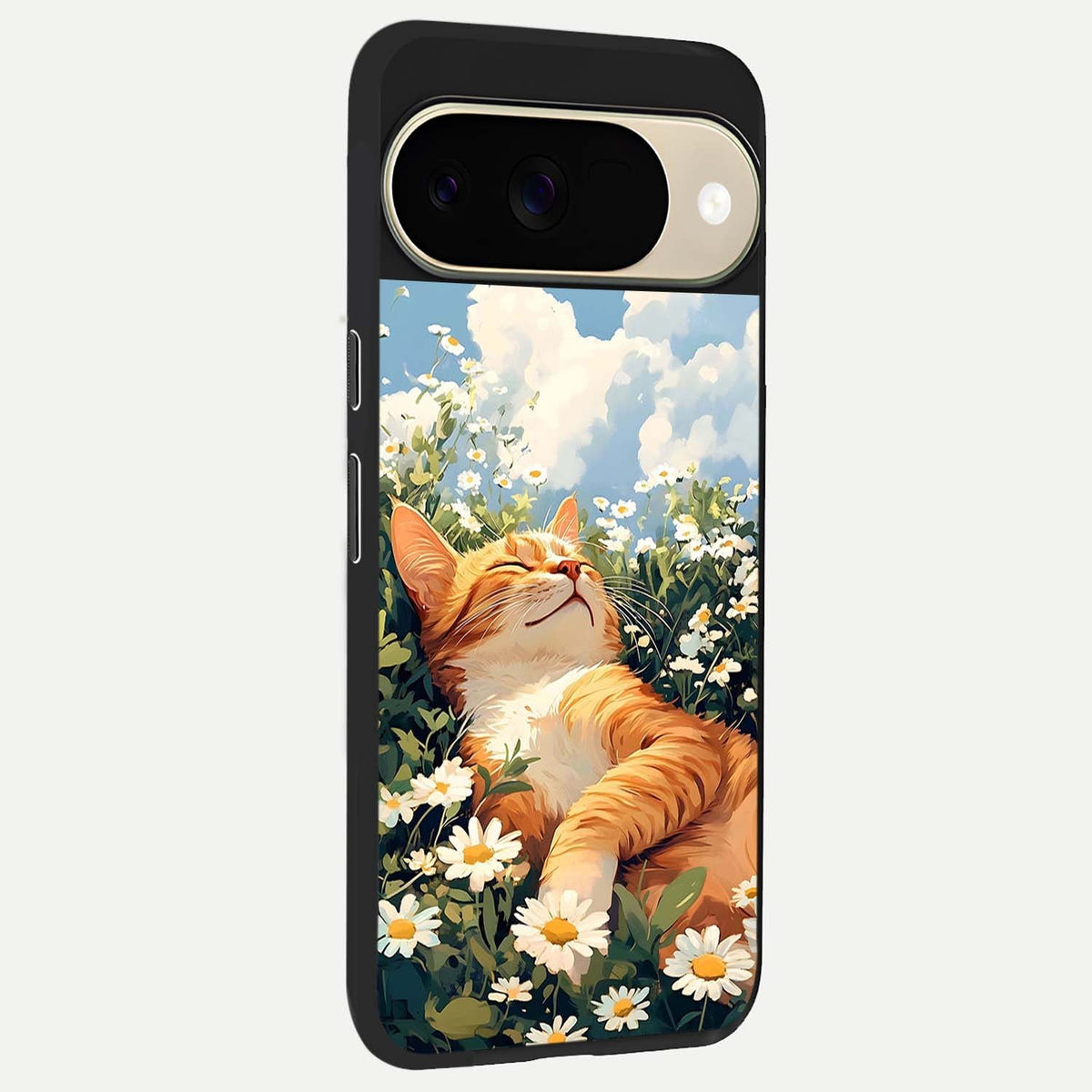  Cat And Flowers View back cover For Google Pixel 9 slim fit glass case with vibrant aesthetic design