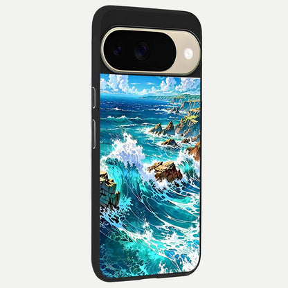  Coastal Blue Waves back cover For Google Pixel 9 slim fit glass case with vibrant aesthetic design