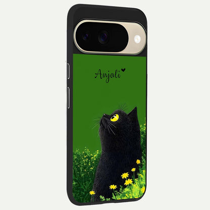  Emerald Cat Custom Name back cover For Google Pixel 9 slim fit glass case with vibrant aesthetic design