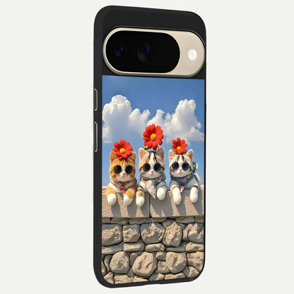  Floral Kitty Squad back cover For Google Pixel 9 slim fit glass case with vibrant aesthetic design