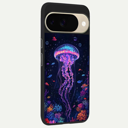  Neon Jellyfish back cover For Google Pixel 9 slim fit glass case with vibrant aesthetic design