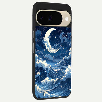  Ocean Moon Waves back cover For Google Pixel 9 slim fit glass case with vibrant aesthetic design