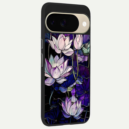  Purple Lotus Pattern back cover For Google Pixel 9 slim fit glass case with vibrant aesthetic design