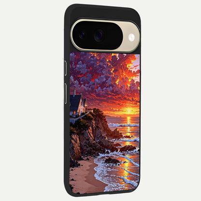  Sunset House By Sea back cover For Google Pixel 9 slim fit glass case with vibrant aesthetic design