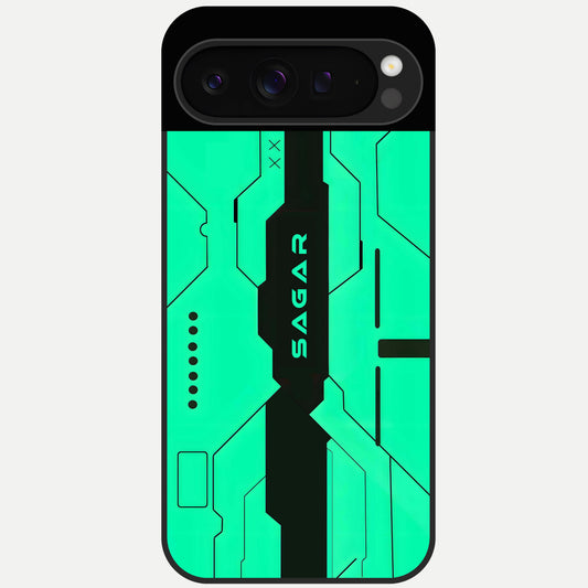  Aqua Tech CYBERPUNK Custom Name Glass Case For Google Pixel 9 Pro back cover – full design glossy printed glass finish