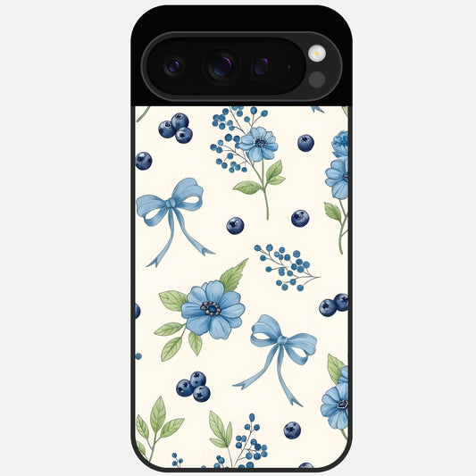 Blue Flower And Bow Glass Case For Google Pixel 9 Pro back cover – full design glossy printed glass finish