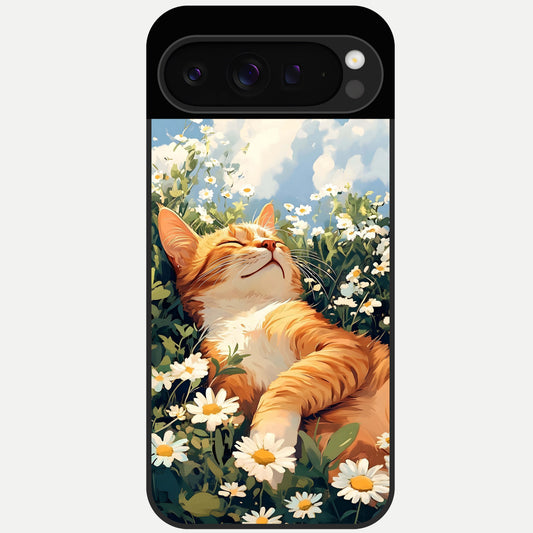  Cat And Flowers View Glass Case For Google Pixel 9 Pro back cover – full design glossy printed glass finish