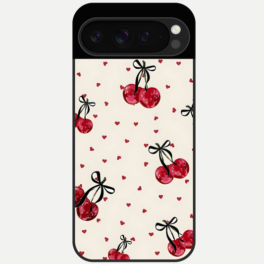  Cherry Heart Bow Glass Case For Google Pixel 9 Pro back cover – full design glossy printed glass finish