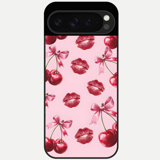  Cherry With Lips Glass Case For Google Pixel 9 Pro back cover – full design glossy printed glass finish