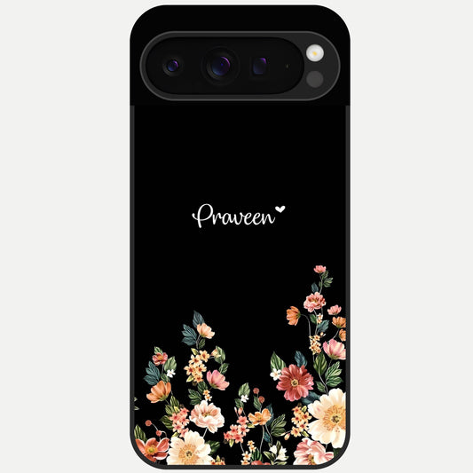  Floral Design Personalized Custom Name Glass Case For Google Pixel 9 Pro back cover – full design glossy printed glass finish