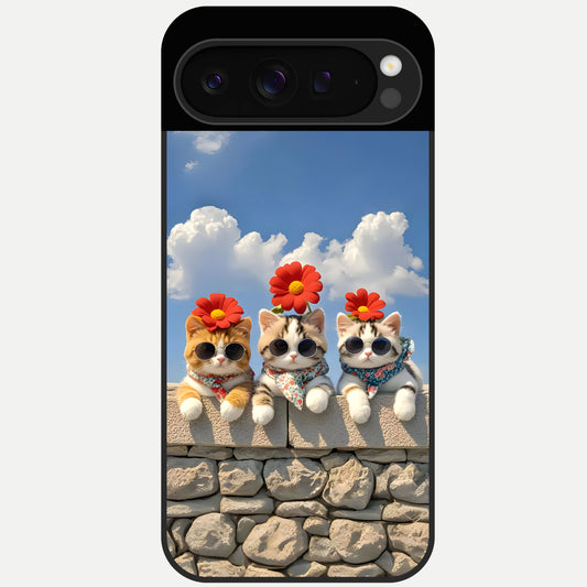  Floral Kitty Squad Glass Case For Google Pixel 9 Pro back cover – full design glossy printed glass finish
