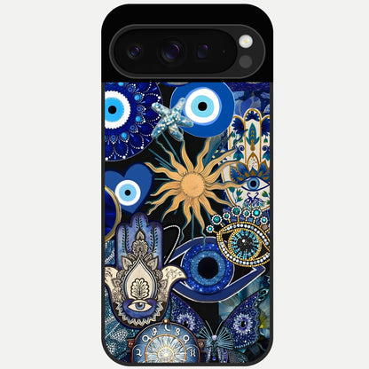  Mystic Blue Evil Eye Glass Case For Google Pixel 9 Pro back cover – full design glossy printed glass finish