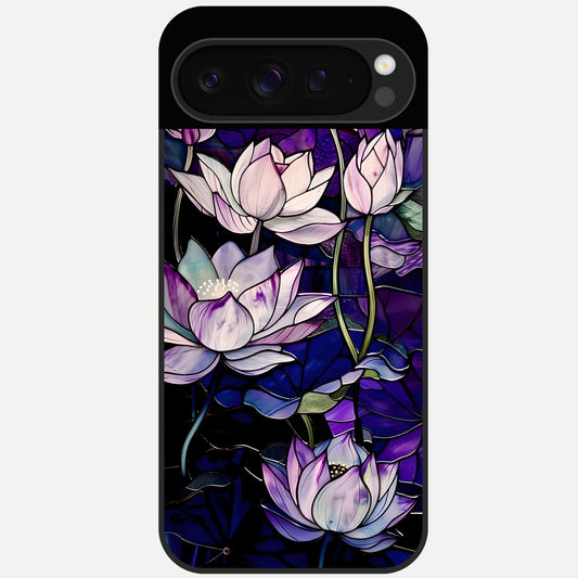  Purple Lotus Pattern Glass Case For Google Pixel 9 Pro back cover – full design glossy printed glass finish