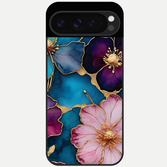  Sparkle Floral Glass Case For Google Pixel 9 Pro back cover – full design glossy printed glass finish