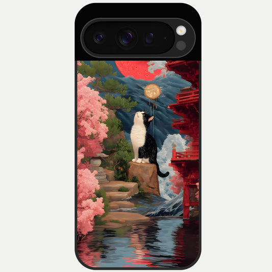  Temple Cat Scenery Glass Case For Google Pixel 9 Pro back cover – full design glossy printed glass finish