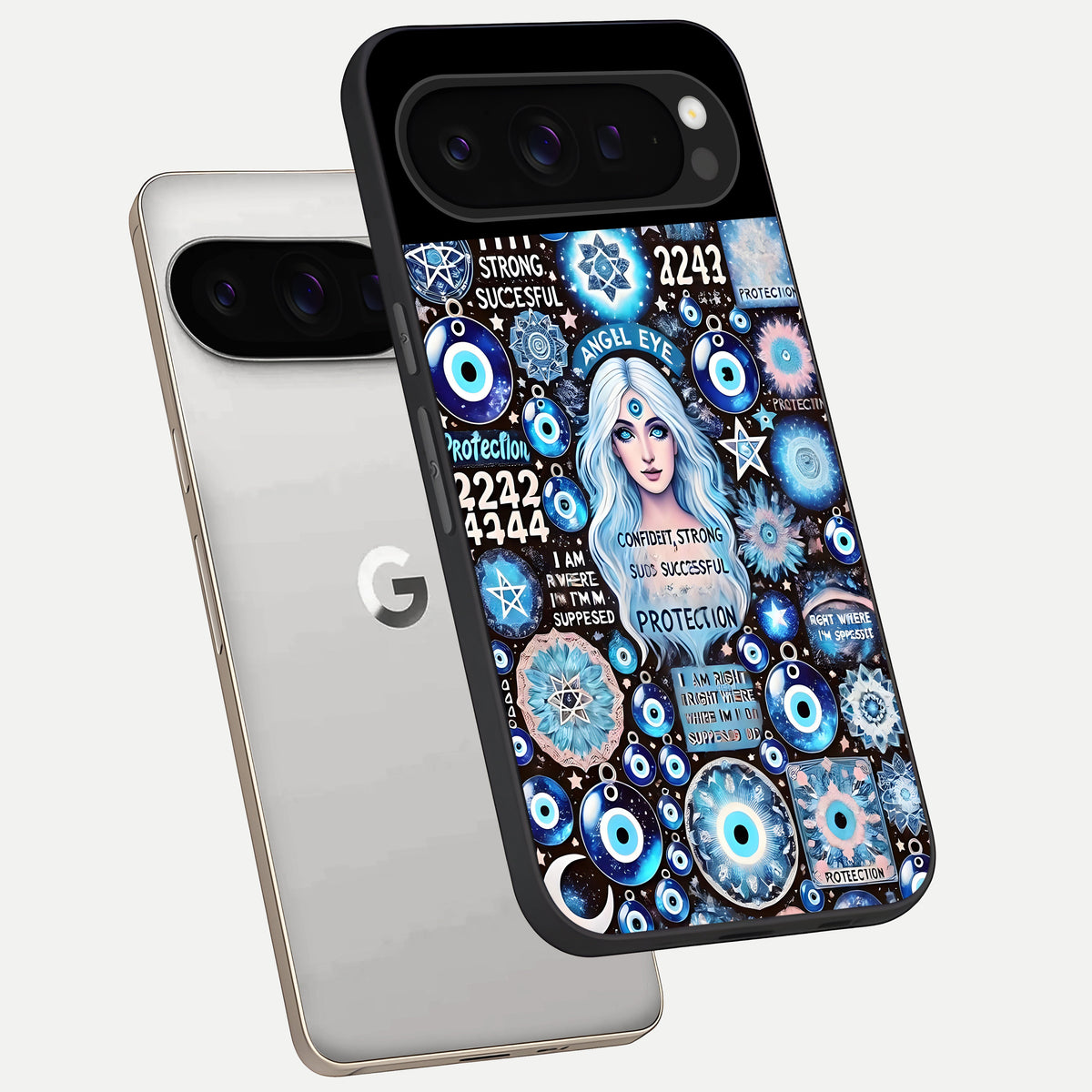  Angel Aura Shield phone case For Google Pixel 9 Pro showing premium glass back cover with detailed artwork
