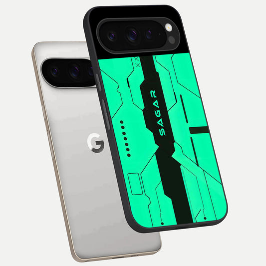  Aqua Tech CYBERPUNK Custom Name phone case For Google Pixel 9 Pro showing premium glass back cover with detailed artwork