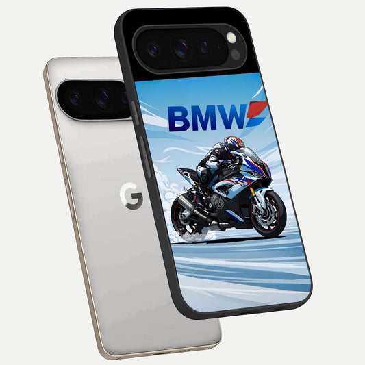  BMW Power Drift phone case For Google Pixel 9 Pro showing premium glass back cover with detailed artwork