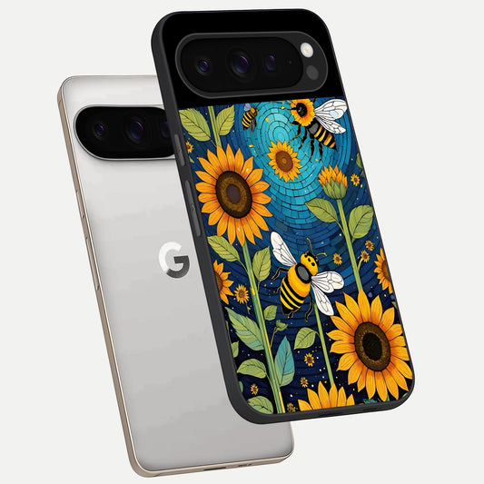  Bees And Sunflowers phone case For Google Pixel 9 Pro showing premium glass back cover with detailed artwork