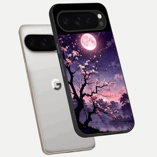  Blossom Pink Moon phone case For Google Pixel 9 Pro showing premium glass back cover with detailed artwork