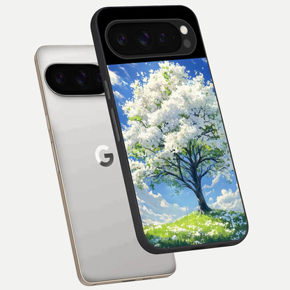  Blossom Sky Serenity phone case For Google Pixel 9 Pro showing premium glass back cover with detailed artwork