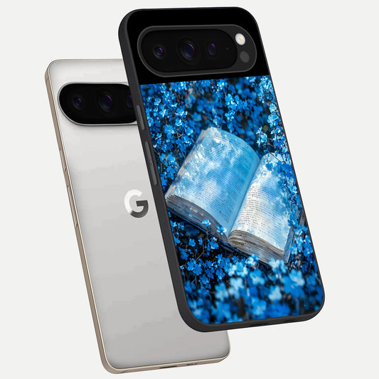  Blue Bloom Tales phone case For Google Pixel 9 Pro showing premium glass back cover with detailed artwork