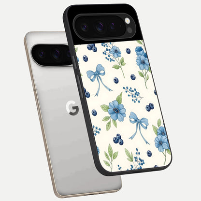  Blue Flower And Bow phone case For Google Pixel 9 Pro showing premium glass back cover with detailed artwork
