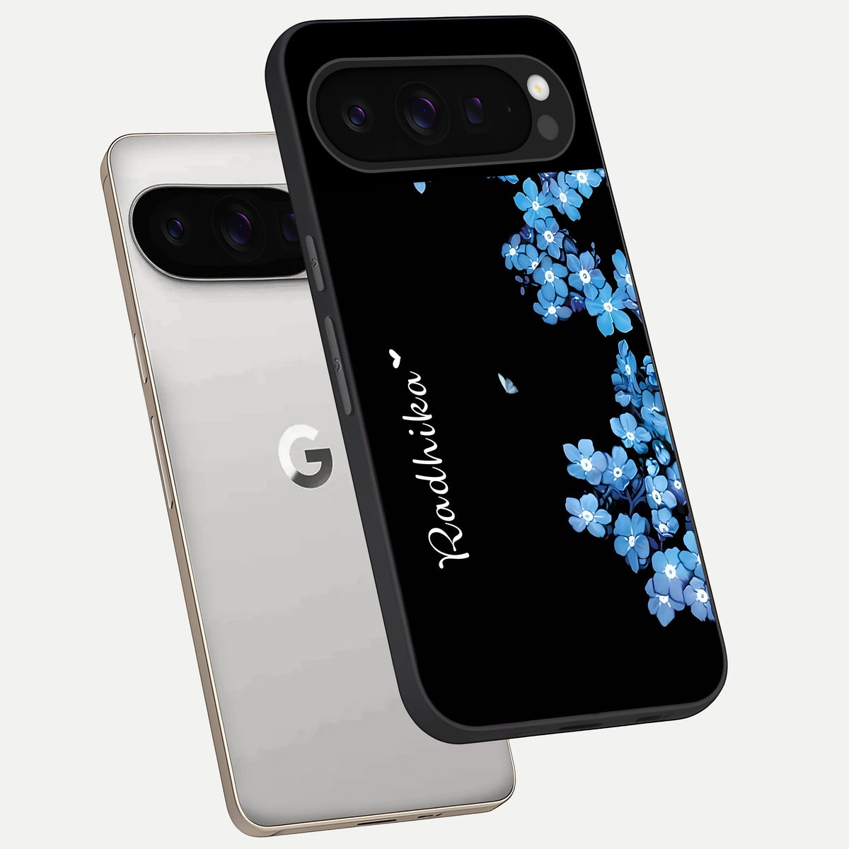  Blue Petal Dream Custom Name phone case For Google Pixel 9 Pro showing premium glass back cover with detailed artwork