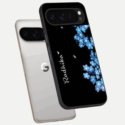  Blue Petal Dream Custom Name phone case For Google Pixel 9 Pro showing premium glass back cover with detailed artwork