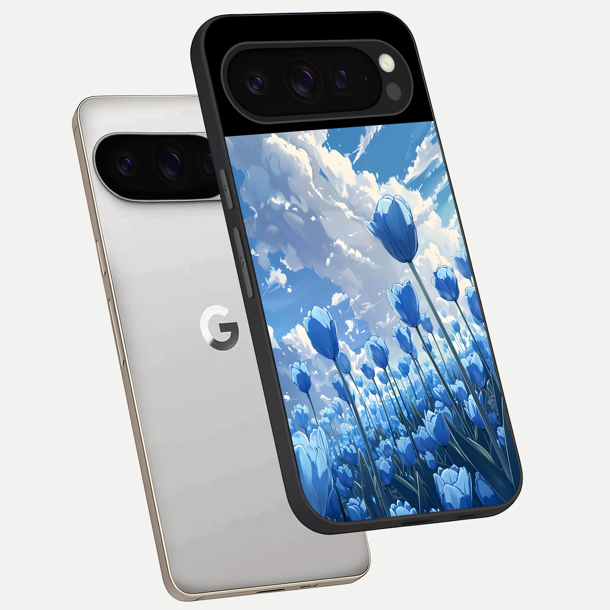  Blue Tulip Clouds phone case For Google Pixel 9 Pro showing premium glass back cover with detailed artwork