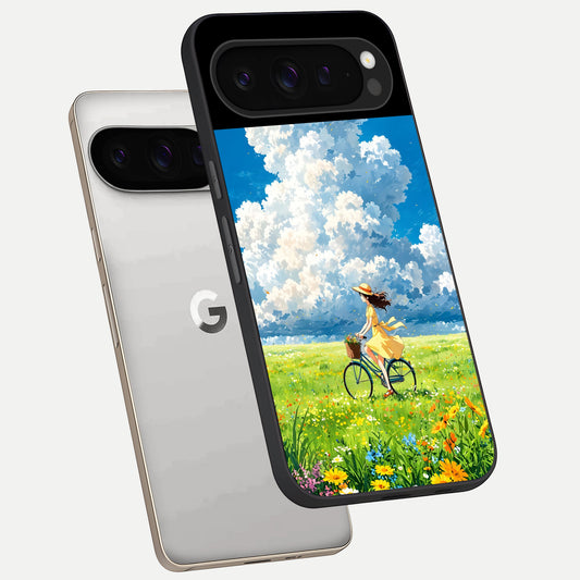  Breezy Meadow Ride phone case For Google Pixel 9 Pro showing premium glass back cover with detailed artwork