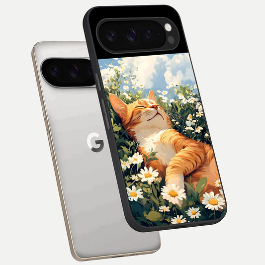  Cat And Flowers View phone case For Google Pixel 9 Pro showing premium glass back cover with detailed artwork