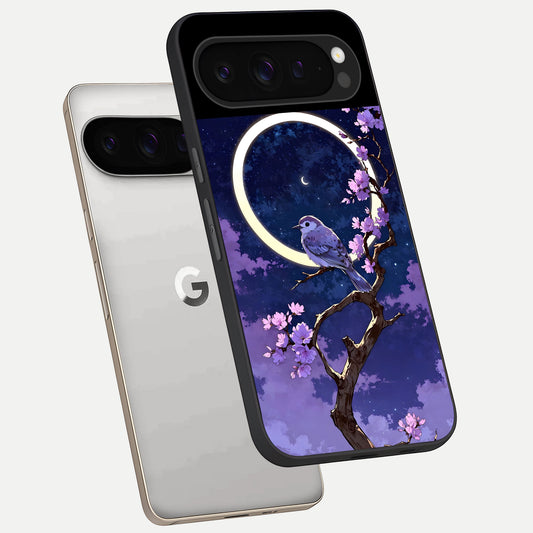  Celestial Bird Blossom phone case For Google Pixel 9 Pro showing premium glass back cover with detailed artwork