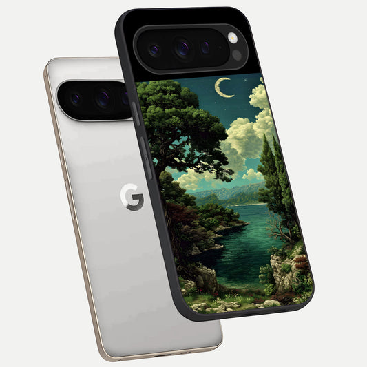  Celestial Lake Peace phone case For Google Pixel 9 Pro showing premium glass back cover with detailed artwork