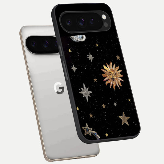  Celestial Moon With Stars phone case For Google Pixel 9 Pro showing premium glass back cover with detailed artwork