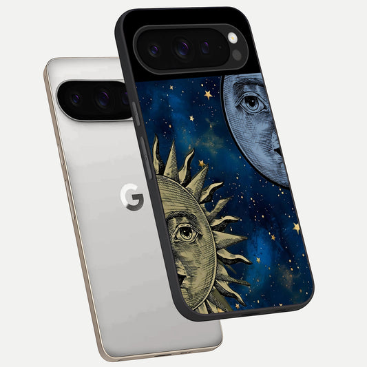  Celestial Moon With Sun phone case For Google Pixel 9 Pro showing premium glass back cover with detailed artwork