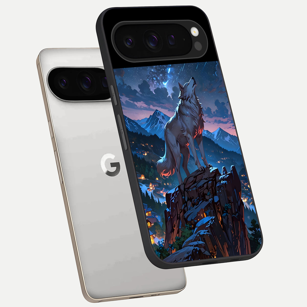  Celestial Wolf Howl phone case For Google Pixel 9 Pro showing premium glass back cover with detailed artwork