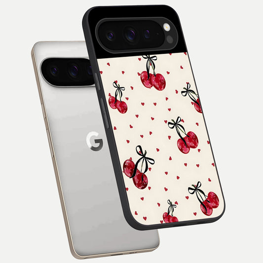  Cherry Heart Bow phone case For Google Pixel 9 Pro showing premium glass back cover with detailed artwork