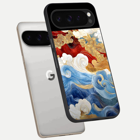 Colored Waves phone case For Google Pixel 9 Pro showing premium glass back cover with detailed artwork