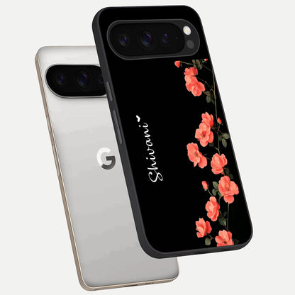  Crimson Bloom Grace Custom Name phone case For Google Pixel 9 Pro showing premium glass back cover with detailed artwork